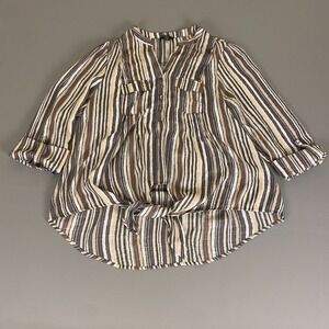 Cocomo Blouse Popover Button‎ Shirt 2X Beige Striped  Henley Tie-Front Tunic